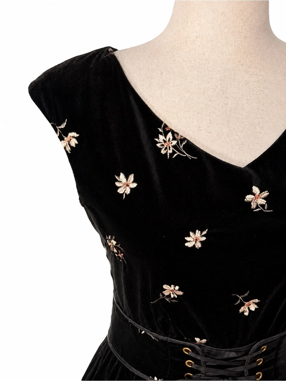 Velvet corset waist fit & flare mini dress with embroidered flowers- XS